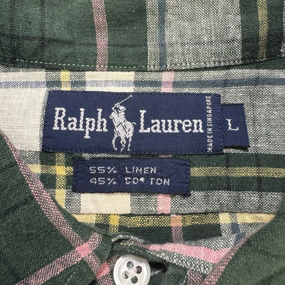 Ralph Lauren Shirt Mens L Green Pink Plaid Linen Cotton Button Down Pocket - Picture 3 of 8